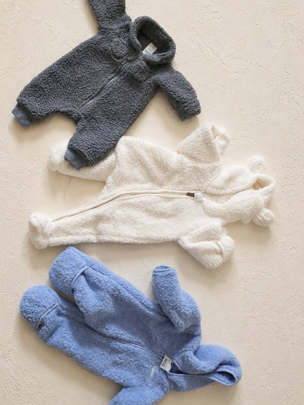 Three Cozy Teddy Sherpa One-Piece for Infants - Ivory, Blue, White